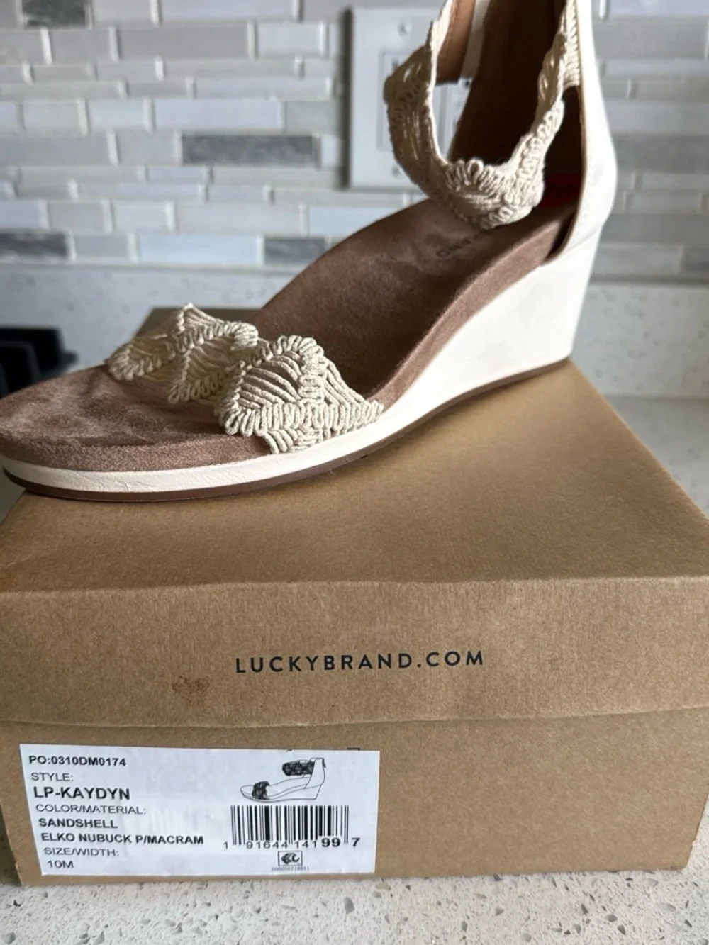 Lucky Brand Cream Macramé Ankle Wedge Sandals